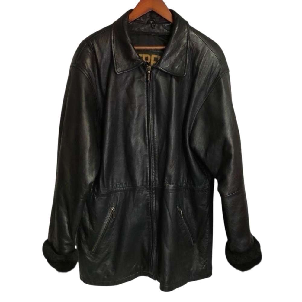 𝅺VINTAGE TREK Black Soft Leather Zip Cinch Waist Fur Trimmed Cuff Jacket Coat M